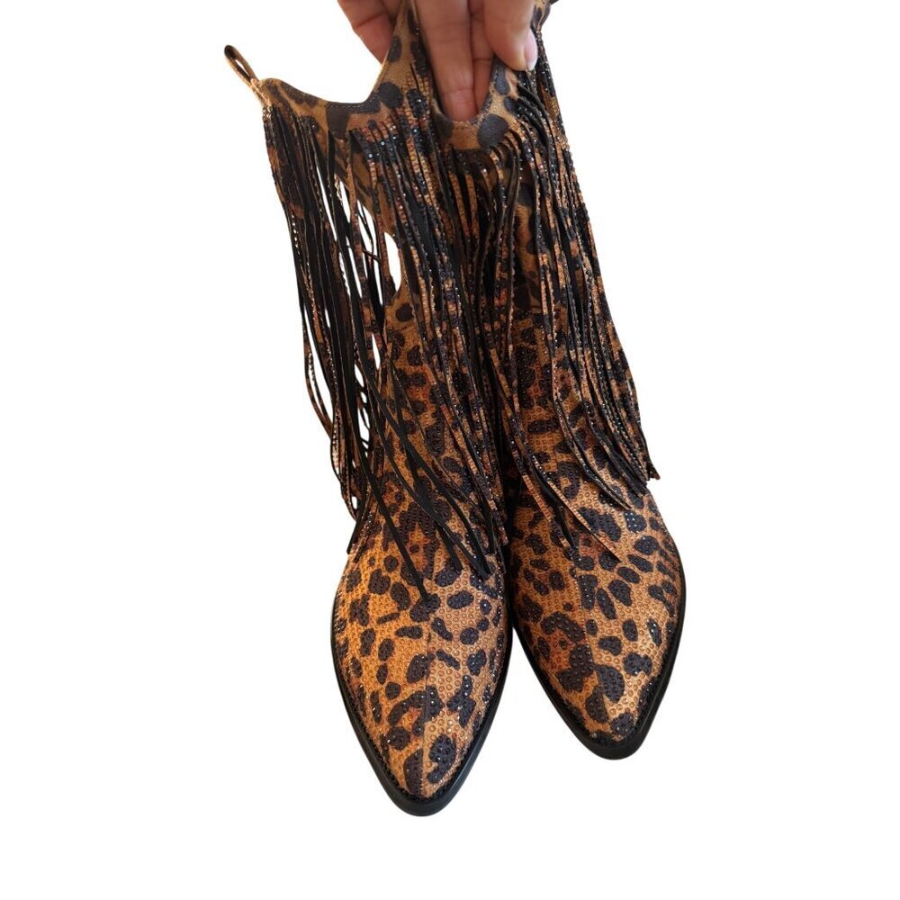 Ouepiano Womens Cowboy Boots Size 8.5 Leopard  Rhinestone Fringe Coachella New - Picture 5 of 16